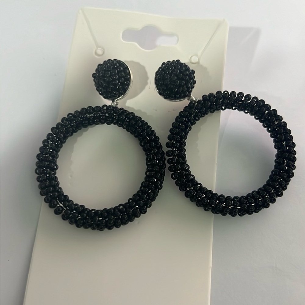 Black hoop, dangle beaded earrings
